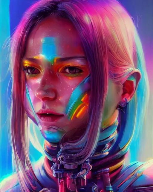 Image similar to colorful portrait of a female hippie cyborg, set in the future 2 1 5 0 | highly detailed | very intricate | symmetrical | professional model | cinematic lighting | award - winning | painted by mandy jurgens and ross tran | pan futurism, dystopian, bold psychedelic colors, cyberpunk, groovy vibe, anime aesthestic | featured on artstation