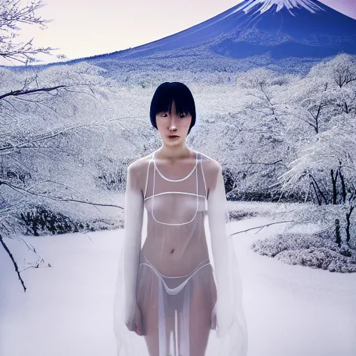 Image similar to a instax photo of fuji mountain, a tall japanese girl in a transparent sheer fabric dress against the background of fuji mountain, perfect faces, fine details, severe snow, full body shot, perfect symmetrical body, coherent symmetrical eyes, rule of thirds, by peter kemp, by monia merlo, hyperrealistic, hyperdetailed, octane render, 8 k