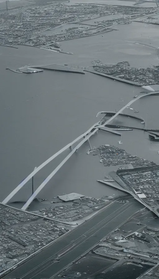 Prompt: colour 35mm film photograph of a scifi storm surge barrier. modern architecture. aerial perspective. very epic!! film grain