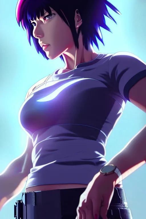 Image similar to a fullbody portrait of motoko kusanagi the major ghost in the shell : : stand alone complex, under repairs, maintenance : : by ilya kuvshinov, rossdraws, artgerm, sola digital arts, anti aliasing, raytracing : :