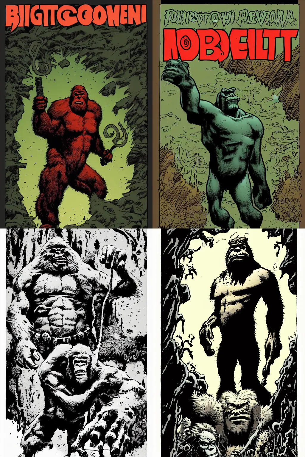 Prompt: Bigfoot drawn in the style of Mike Mignola, color by Dave Stewart, Hellboy style, comic book cover, very detailed, 4k, high quality