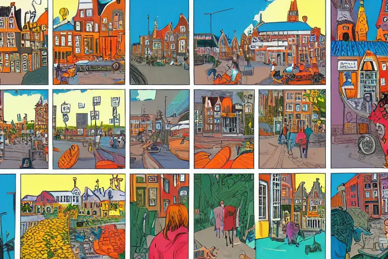 Prompt: a complete spread of an colorful graphic novel about the netherlands