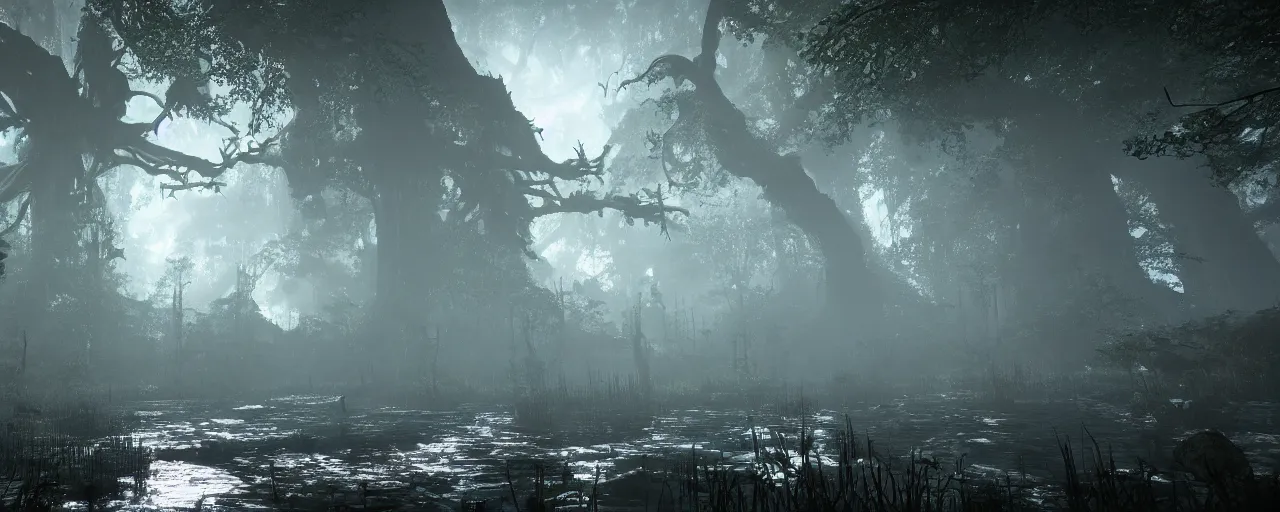 Image similar to a stunning wide shot view of a mythical rainforest, screenshot from bloodborne