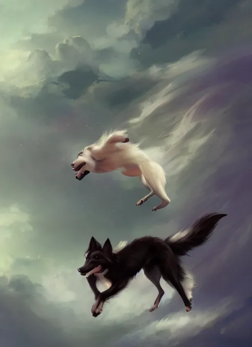 Prompt: wide angle beautiful full body portrait of a cute male anthropomorphic anthro border collie fursona falling from the sky, character design by charlie bowater, henry asencio, and ross tran, disney, scenic background, detailed, aesthetic, trending on artstation, furaffinity, deviantart