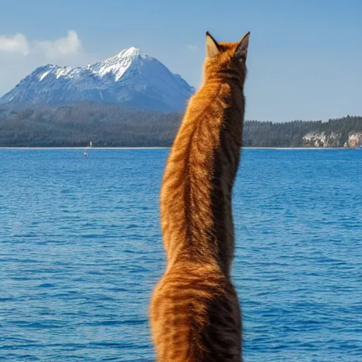 Prompt: A large cat on a small boat, funny, large island in the background, high quality,
