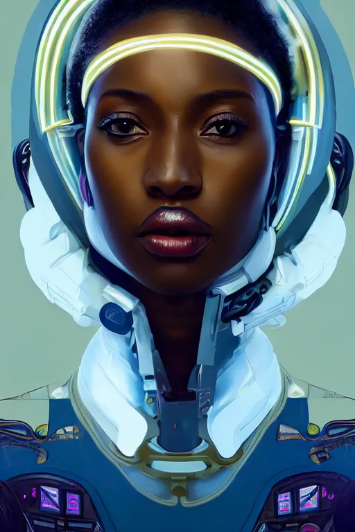 Image similar to portrait futuristic beautiful african Airforce armored pilot Girl, at inside of future fighter aircraft, ssci-fi, fantasy, intricate, very very beautiful, elegant, human anatomy, neon light, highly detailed, digital painting, artstation, concept art, soft light, smooth, sharp focus, illustration, art by tian zi and WLOP and alphonse mucha