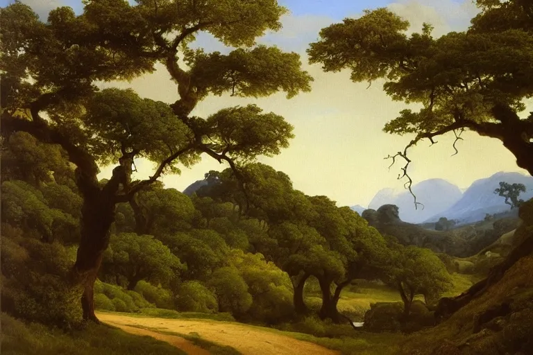 Image similar to masterpiece painting of oak trees on a hillside overlooking a creek, dramatic lighting, by william dyce