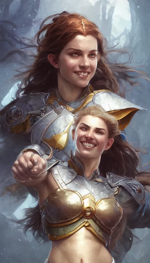 Image similar to young, energetic, smiling, confident, fit, warhammer, lord of the rings, sweaty, strong, intricate, highly detailed, digital painting, artstation, concept art, smooth, sharp focus, illustration, unreal engine 5, 8 k, art by artgerm and greg rutkowski and alphonse mucha