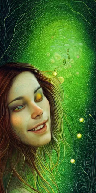 Image similar to infp young woman, smiling amazed, golden fireflies lights, sitting in the midst of nature fully covered, long loose red hair, intricate linework, bright green eyes, small nose with freckles, oval shape face, realistic, expressive emotions, dramatic lights spiritual scene, hyper realistic ultrafine art by michael cheval, jessica rossier, boris vallejo