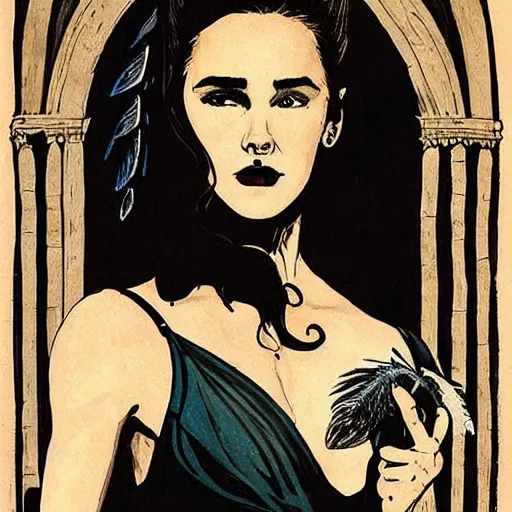 Prompt: young jennifer connelly as innocent gothic beauty with black feathers instead of hair, feathers growing out of skin, in opulent library, mike mignola, david mack, romantic, comic book cover, vivid, beautiful, illustration, highly detailed, oil painting