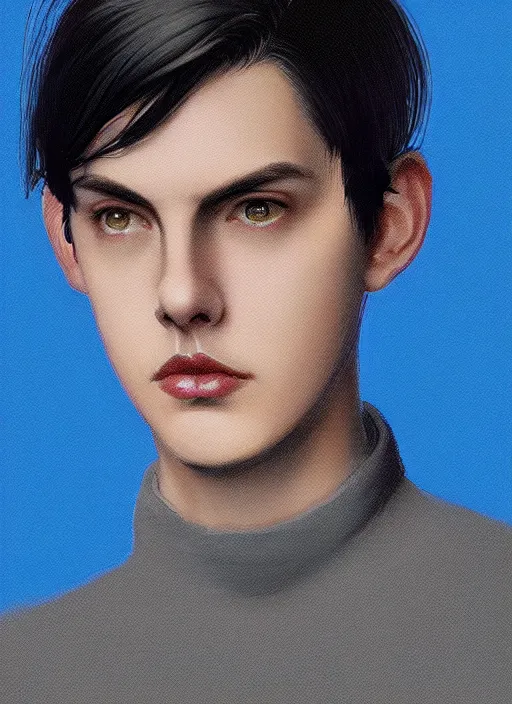 Image similar to portrait of teenage jughead jones wearing a light grey crown, crown, blue turtleneck, closed eyes, photorealistic, black hair, glowing lighting, intricate, elegant, glowing lights, highly detailed, digital painting, artstation, concept art, smooth, sharp focus, illustration, art by wlop, mars ravelo and greg rutkowski