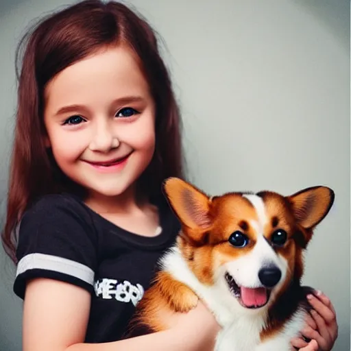 Image similar to “little girl holding a corgi puppy photorealistic hd”