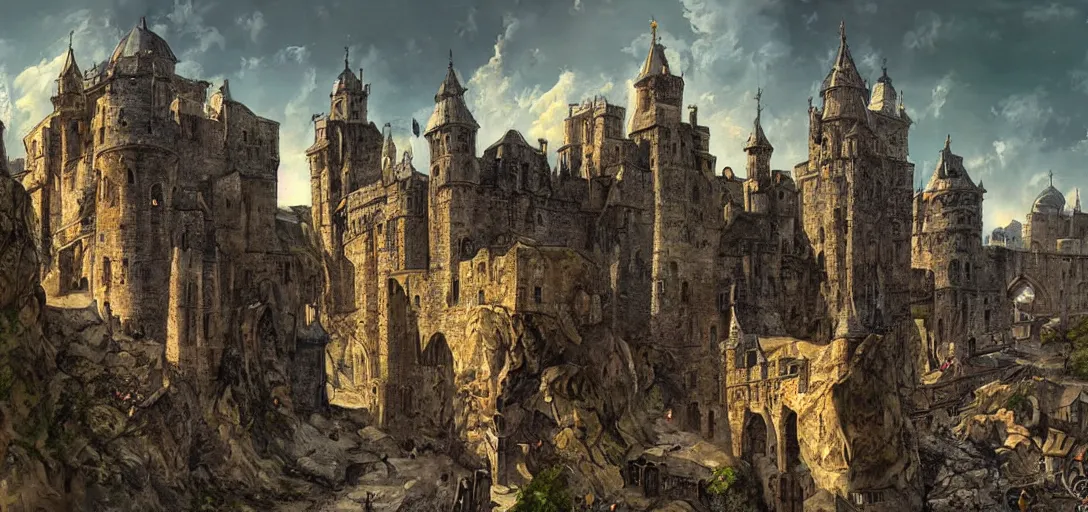 Image similar to huge medieval city, interesting rocky shaped terrain, digital art, art by craign mullin