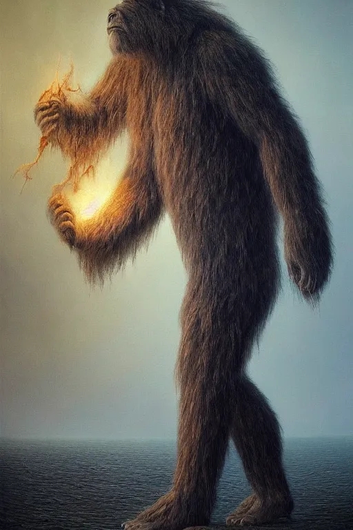 Image similar to Intricate stunning highly detailed Bigfoot by agostino arrivabene and Vladimir Kush, surreal, digital painting, ultra realistic, Horror vacui, dramatic lighting, full moon, thick black swirling smoke tornado, burning fire embers, artstation