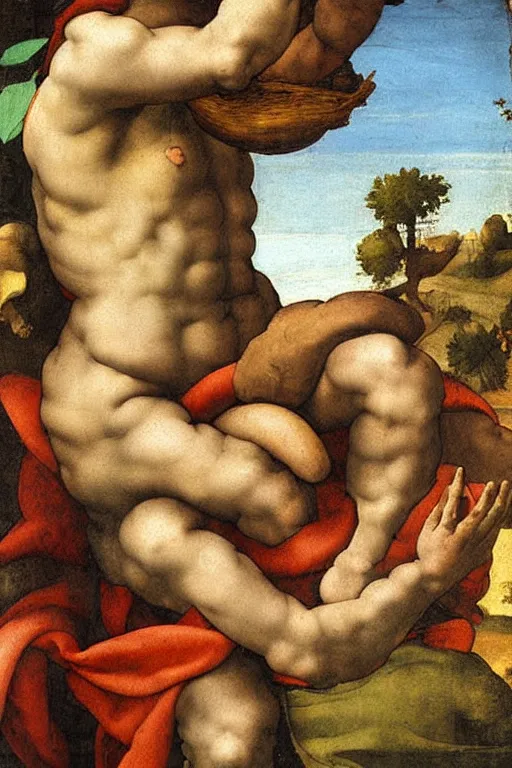 Prompt: michelangelo painting of blindfolded!!!!! jesus christ holding a cornucopia