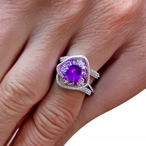 Image similar to a beautiful engagement ring, made out of shiny silver, the ring is covered in purple majestic fire, high quality, photo realistic, detailed, 8k