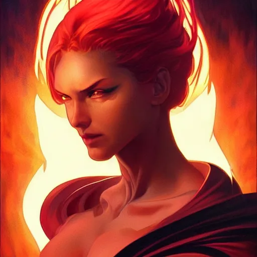 Image similar to character concept, portrait, symmetrical head - on centralized, bright fire pheonix in dark cave. detailed, high quality, dynamic lightning, fantasy, scenematic. artwork by artgerm, wlop, alex ross, greg rutknowski, alphonse mucha