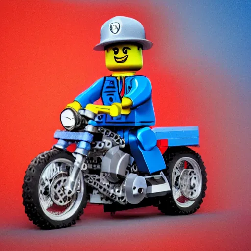 Prompt: a lego minifigure wearing a blue jean and blue shirt and a grey beanie, he is riding a very red ducati panigale, 3 d octane render, artstation, concept art, smooth, sharp focus ilustration hq, octane render, hyperrealistic, aenaluck, artgerm, greg rutkowski