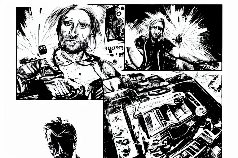 Prompt: david guetta djing with a turntable, a page from cyberpunk 2 0 2 0, style of paolo parente, style of mike jackson, adam smasher, johnny silverhand, 1 9 9 0 s comic book style, white background, ink drawing, black and white