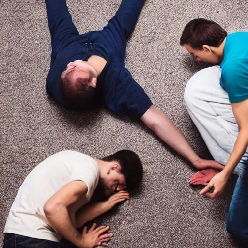 Image similar to photo of a man on the floor with a broken back, and another man on the floor vomiting all over himself