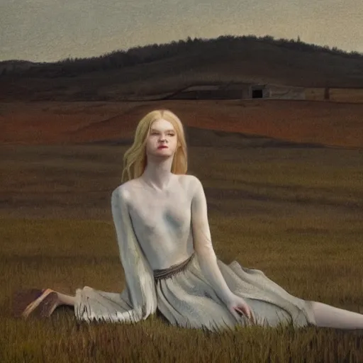 Image similar to Elle Fanning in the painted world of Raised by Wolves, head and shoulders masterpiece, apocalypse, golden hour, cosmic horror, artstation, in the style of Andrew Wyeth and Edward Hopper and Bosch, extremely detailed