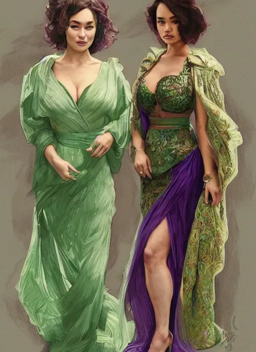 Image similar to lindsey pelas and emilia clarke wearing a green kebaya with purple sash, digital painting, artstation, concept art, sharp focus, illustration, art by artgerm and greg rutkowski and alphonse mucha