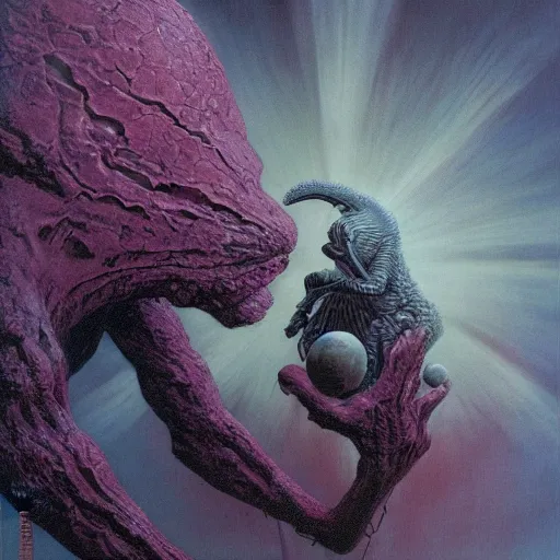 Image similar to horror creature holding planet by Wayne Barlowe, detailed 4k