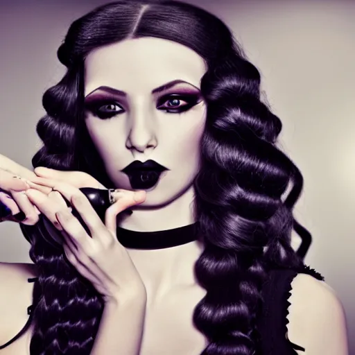 Image similar to goth girl curling her hair, 4K, photorealistic, HD