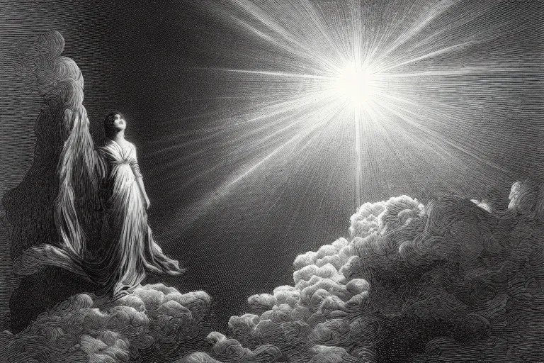 Image similar to black and white, young french woman illuminated by a beam of light through detailed clouds, Gustave Dore lithography