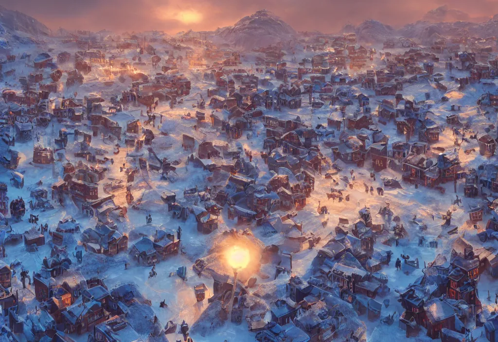 Image similar to accidentally wes anderson award - winning photograph of a frozen frostpunk city, art by greg rutkowsky, trending on artstation, cinematic lighting, filmic grain, golden hour, detailed, 4 k