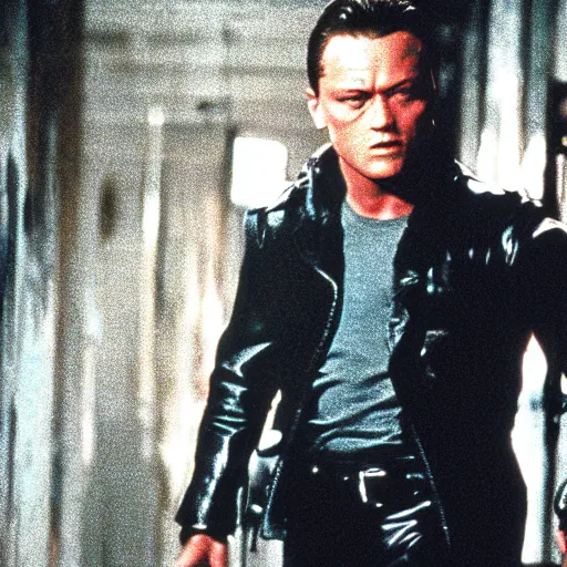 Image similar to film still of leonardo di caprio as t - 1 0 0 0 walking through bars in prison scene in terminator 2 1 9 9 1