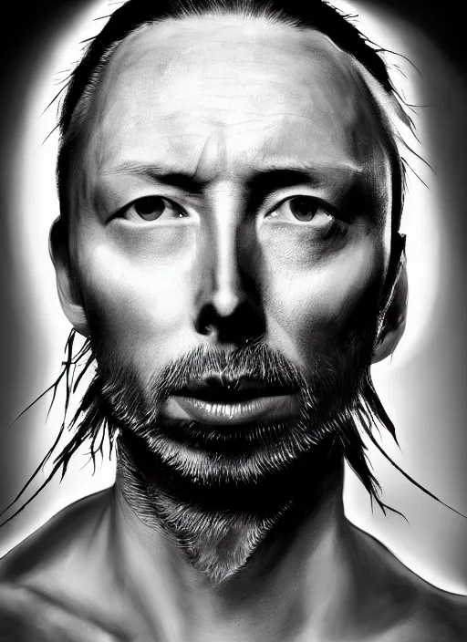 Prompt: a portrait of thom yorke from radiohead in kiss style makeup, realistic, photograph, high definition, 4 k, soft lighting