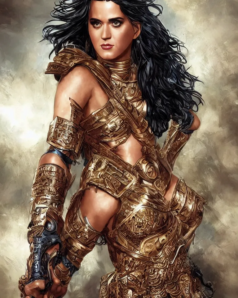 Prompt: katy perry as an amazon warrior, a tall beautiful woman with brown skin and long hair, dressed in hellenistic body armor, intricate, elegant, highly detailed, smooth, sharp focus, detailed face, art by ardian syaf