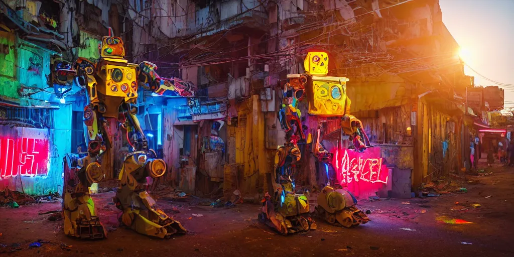 Image similar to colourful - damaged - giant mecha ROBOT of neon lit AJEGUNLE SLUMS of Lagos, markings on robot, Golden Hour,