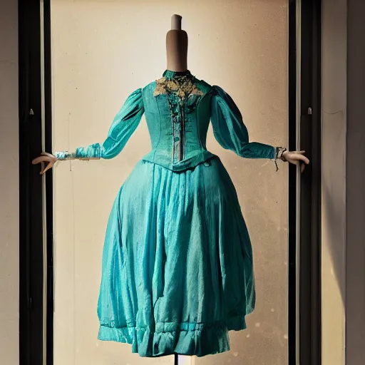 Image similar to victorian era turquoise dress on a manikin, trafalgar dress shop frontage, through the window, cobbled laneway, ambient lighting, cinematic quality, high octane, vray render, subsurface scatter, drum scanner intricate complexity, golden ratio, kojima, amano, charlie bowater museum piece, fine art