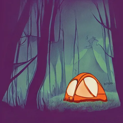 Prompt: a tent by the river in the deep, remote woods by jamie hewlett, from nightmare before christmas | detailed | elegant | trending on artstation