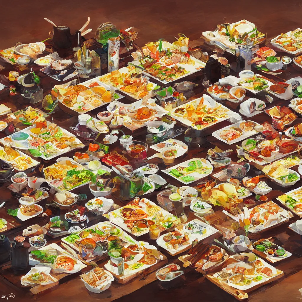 Image similar to a painting of a table full of japanese foods, concept art by taro yamamoto, pixiv contest winner, auto - destructive art, official art, concept art, pixiv