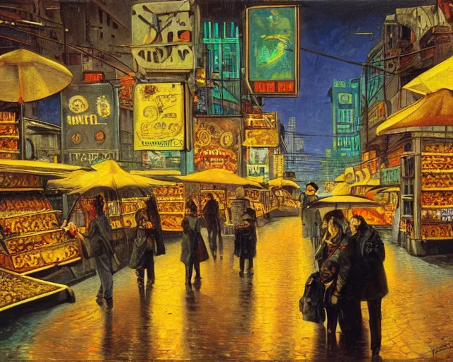 Prompt: street with food stands in a cyberpunk city on a rainy melancholy night by salvadore dali