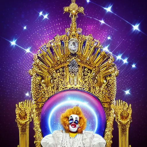 Prompt: shining majestic throne made of millions of diamonds, gold and zaphires with thousands of light reflections, and a stupid clown is sitting on the throne while handind a globe, 4 k