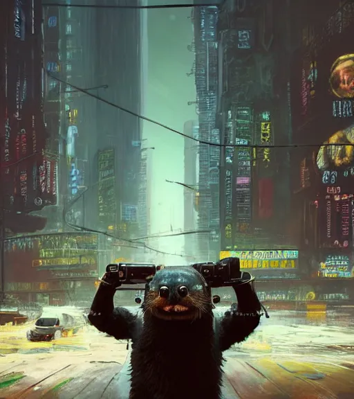 Image similar to new york city portrait of furry anthro anthropomorphic river otter head animal person fursona wearing clothes strange cybernetic muzzle gloomy rainy screenshot from the video game cyberpunk 2077 digital art by Greg Rutkowski, Simon Stalenhag, christopher nolan trending on Artstation, CGSociety