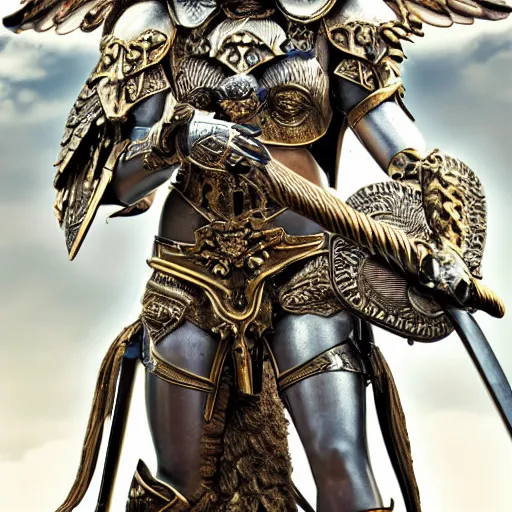 Image similar to beautiful angel warrior with ornate armour, highly detailed, 4k, HDR, smooth, sharp focus, hyper realistic, high resolution, award-winning photo