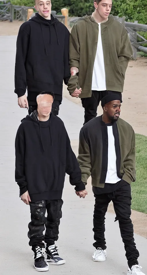 Image similar to pete davidson and kanye west holding hands at a sunset zoo park