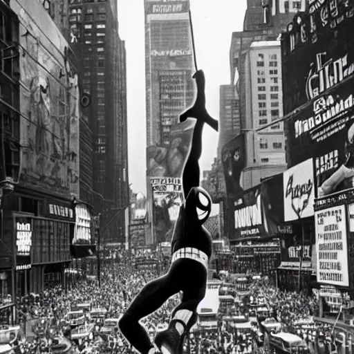 Image similar to photo of spider-man in times square, 1950s black and white