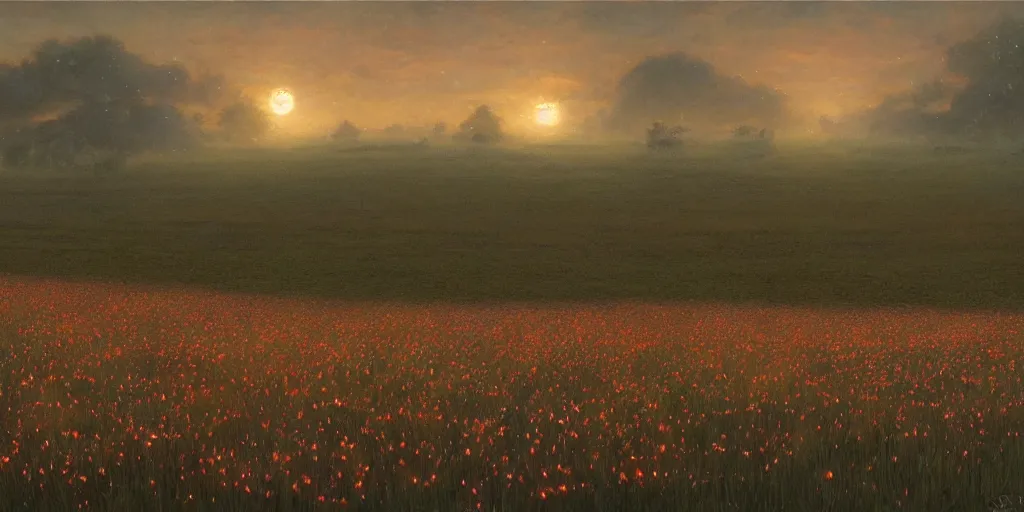 Image similar to field of flowers at night, lit by moonlight, landscape art by donato giancola and greg rutkowski, vintage retro, digital art, trending on artstation, symmetry!!, volumetric lighting