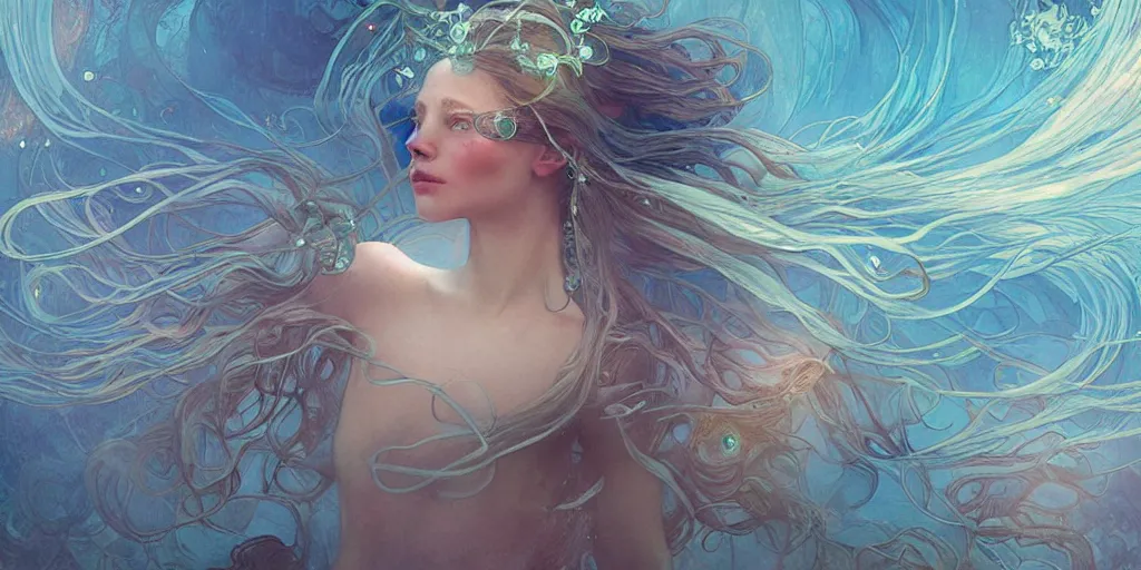 Prompt: Ocean girl with hairs catching fire and floating sharp crystal shards, concept art, art nouveau, Alphonse Mucha, Reylia Slaby, Peter Gric, volumetric lighting