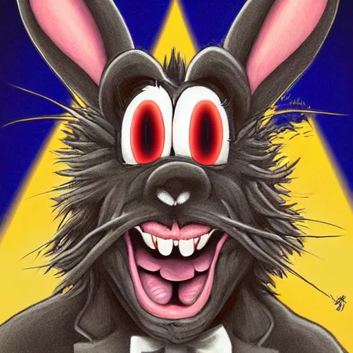 Image similar to A extremely highly detailed majestic hi-res beautiful, highly detailed head and shoulders portrait of a scary terrifying, horrifying, creepy maniacal crazy black cartoon rabbit with scary big eyes, earing a shirt laughing maniacally , let's be friends, in the style of a Walt Disney cartoon