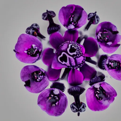 Image similar to real photograph 7 5 mm of a purple flower with skulls on each petal