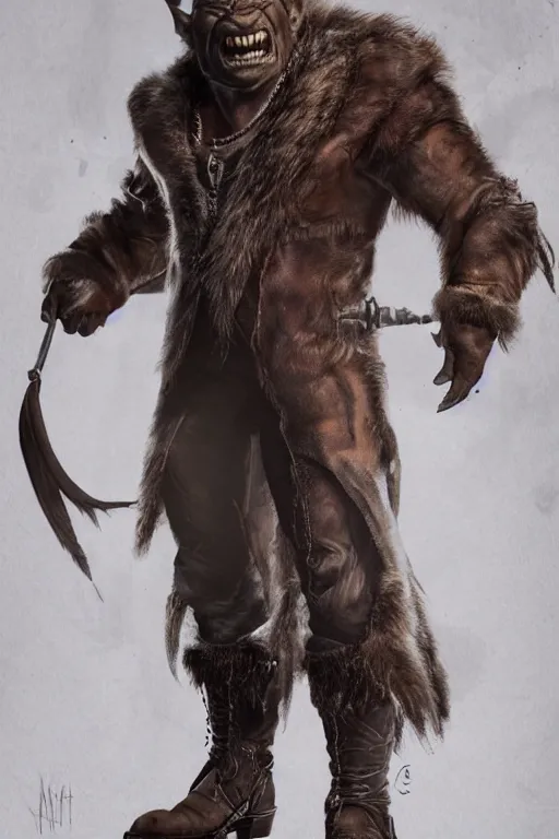 Prompt: A full body shot of a handsome orc looking into the camera wearing a leather fur jacket and boots, full body shot, detailed face, artstation, realistic, highly detailed, symmetrical, hyper realistic, dynamic pose, high detail, octane render, unreal engine, 8k, fantasy art, highly detailed, concept art