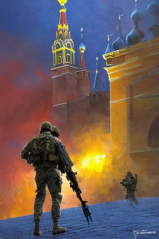 Image similar to special forces soldier installin ukrainian blue and yellow flag on red square kremlin, masculine figure, d & d, fantasy, bright atmosphere, volumetric lights, intricate, elegant, extremely detailed, digital painting, artstation, concept art, matte, smooth, sharp focus, hyper realistic, illustration, art by artgerm and greg rutkowski and alphonse mucha