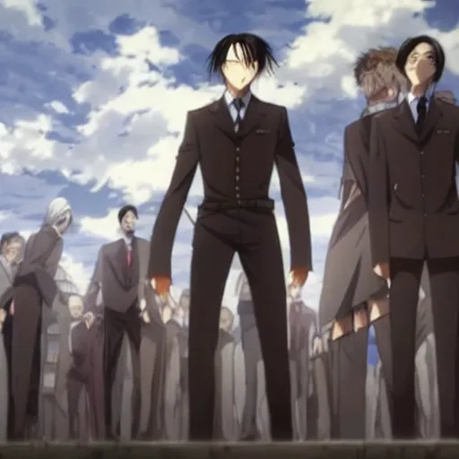 Image similar to levi ackerman, standing on corpses, cinematic